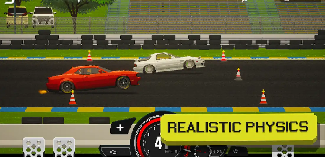 Corrida de arrancada em pixel art com dois carros